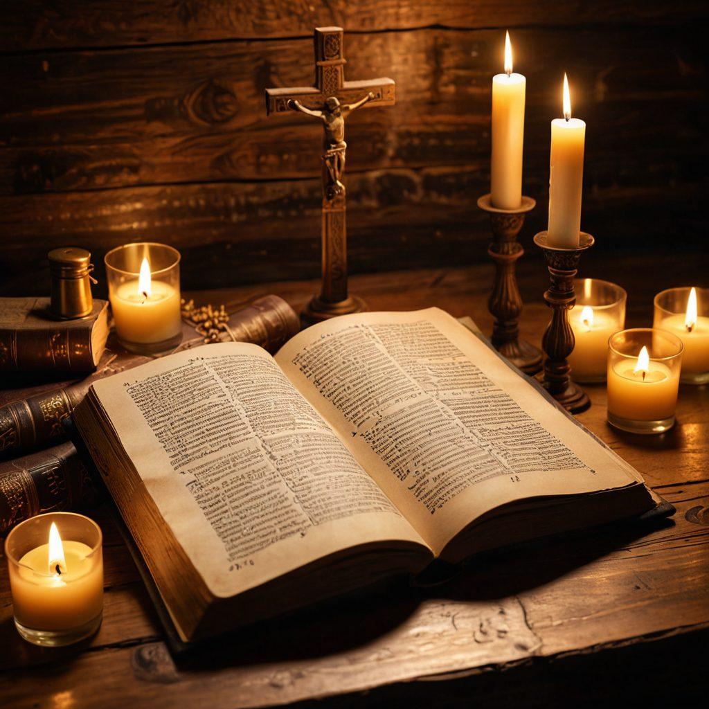 An open ancient book with illuminated pages resting on a wooden table, surrounded by candles and symbolic religious artifacts like a cross and a crescent moon. Soft, warm light shining down creates an inviting atmosphere, evoking a sense of spirituality. A faint backdrop of diverse holy texts and ancient scripts highlights the theme of faith exploration. super-realistic. warm colors. soft lighting.