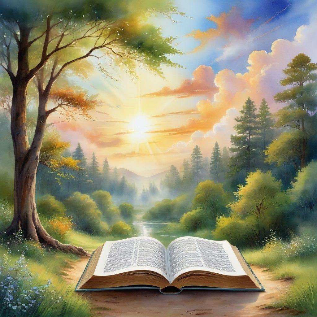 A serene, ethereal landscape depicting an ancient, open book surrounded by glowing, floating scriptures. Soft rays of light illuminate a winding path leading through a lush forest, symbolizing spiritual growth. Ethereal figures representing different faiths gently interacting, sharing insights from their scriptures. A heavenly sky filled with soft clouds suggests a divine connection. watercolor painting. vibrant colors. magical atmosphere.