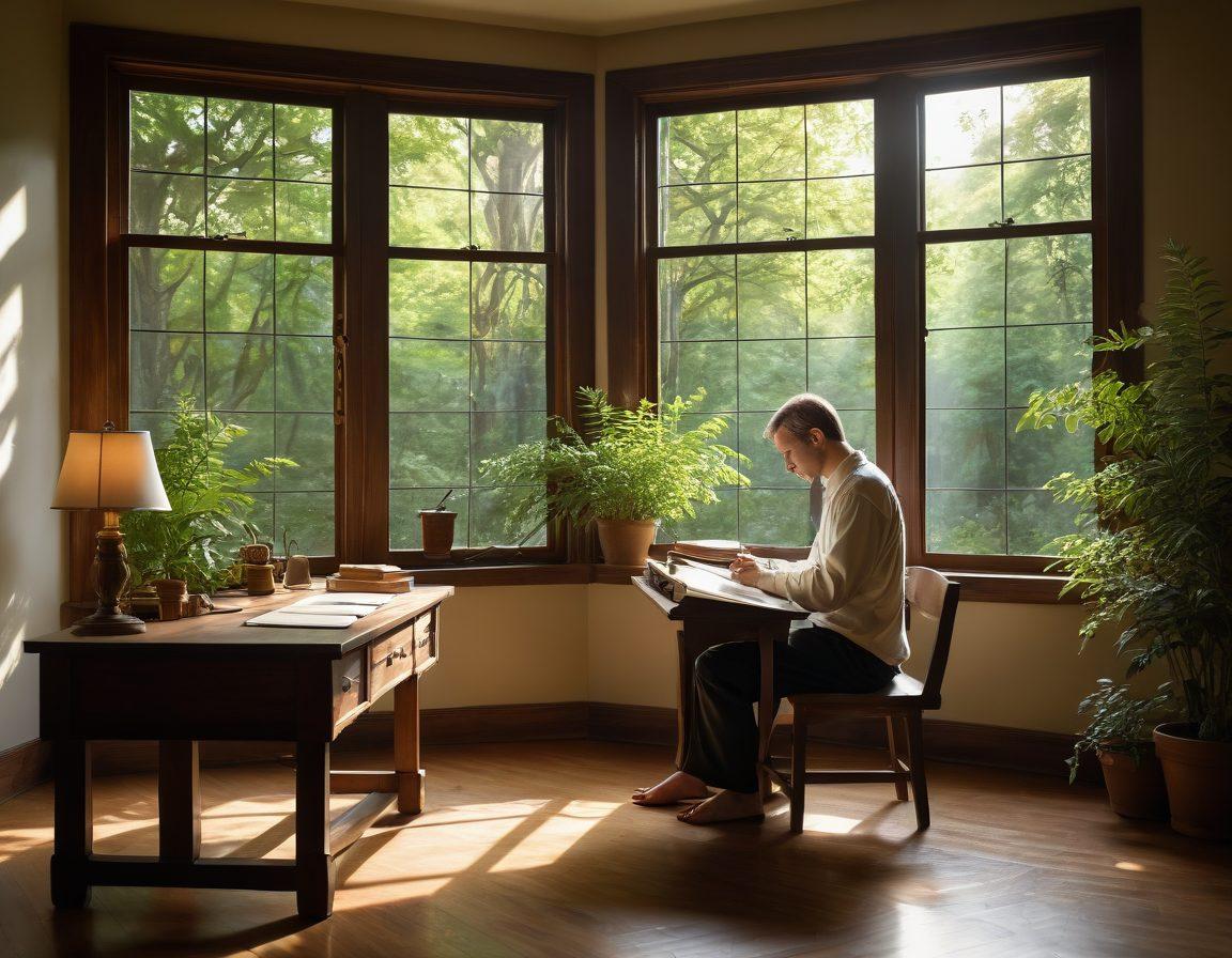 A contemplative figure seated at a desk, surrounded by glowing screens displaying various scripture texts and digital study tools. Soft rays of sunlight streaming through a window, casting a serene atmosphere. Elements of nature, like plants or an open window, add to the tranquility. An ethereal aura suggesting a connection to spirituality. super-realistic. warm tones. serene background.